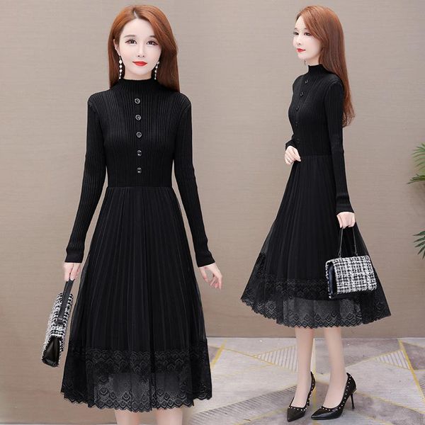 

casual dresses autumn winter turtleneck sweater maxi dress women knitted full sleeve female knitwear soft mesh hollow girl fashion, Black;gray