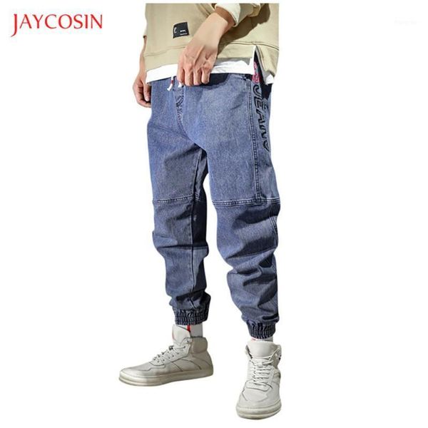 

jaycosin new men jeans casual fashion pocket denim stretch jeans loose male harem pants street elastic waist trousers1, Blue