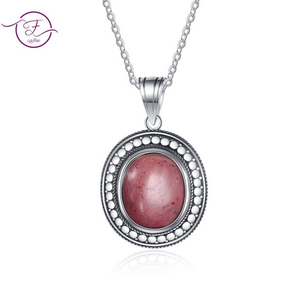 

large oval natural rhodochrosite 925 sterling silver pendant necklace for women jewelry with chain retro fine anniversary gifts