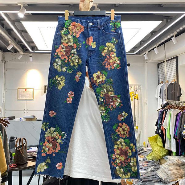 

men's jeans fashion brand summer hand painted flower jeans, Blue