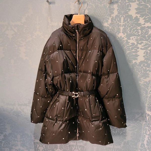 

women's down & parkas long warm winter coat women 2021 black puffer jacket crystal beaded high neck zipper up bubble with sash parka