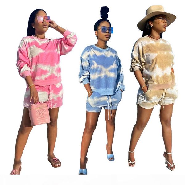 

tie dye print tracksuits womens two piece shorts set stripe printed cotton long sleeve sweatpant outfits pink yellow blue fedex dhl, Gray