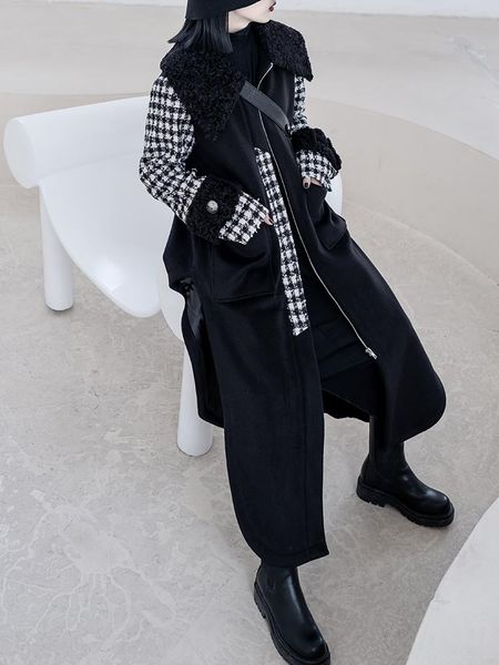 

women's wool & blends long woolen coat 2021 winter over-the-knee loose stitching houndstooth sleeves high-quality, Black