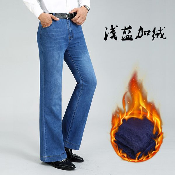 

2020 men's winter new plus velvet thick micro flared jeans mid-waist warm stretch fashion casual pants q0105, Black;white