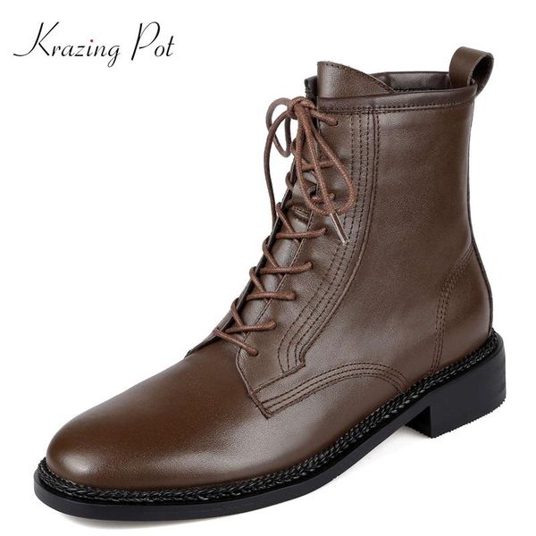 

boots krazing pot work genuine leather winter leisure square toe thick low heel zip office lady daily wear dress ankle l29, Black