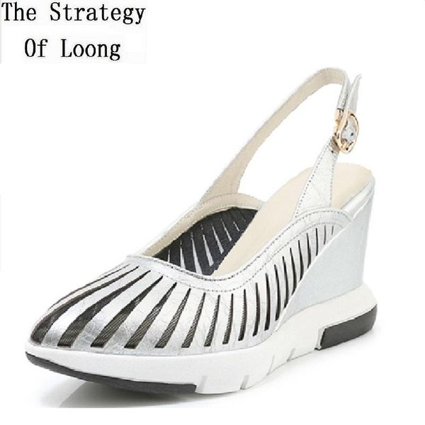 

sandals summer fashion internal celebrity bling slim wedges heels pointed toe hollow genuine leather women 20210824, Black