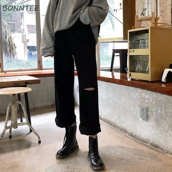 

women's jeans women denim hole pockets high waist straight all-match ins baggy black trousers chic harajuku daily streetwear full lengt, Blue