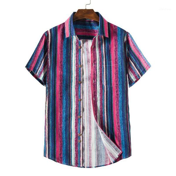 

new lapel men's shirt cotton and linen short sleeve fashion vertical striped shirt men's casual blouse1, White;black