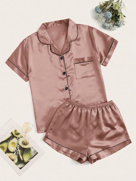 

plus contrast binding satin pajama set q5ph#, Black;white