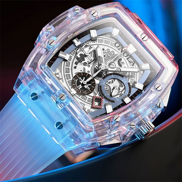 Onola marca relógio de plástico transparente masculino feminino moda esportes casual único quartzo luxo quadrado relógio masculino 201209313a