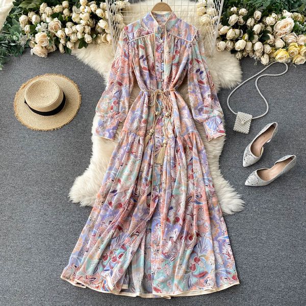 

2021 new vintage female floral printing neck puff the line dressed autumn chiffon maxion cord dress palace style sl57, Black;gray