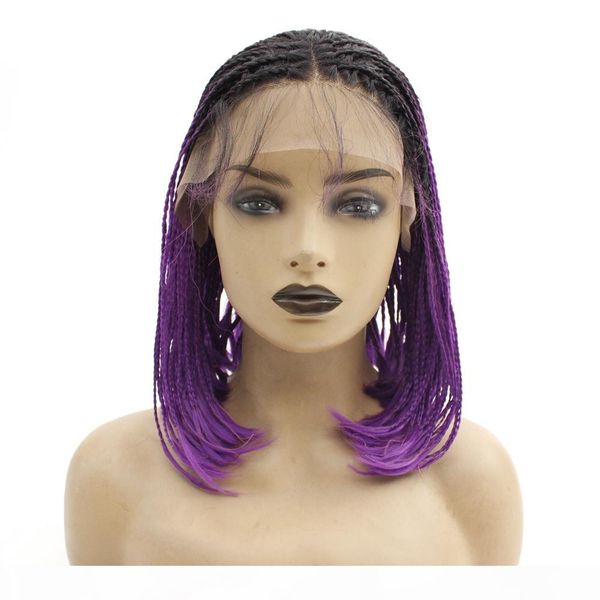 

fashion two tones high temperature fiber hair synthetic lace front wig ombre burgundy long braided box braids wigs for black women