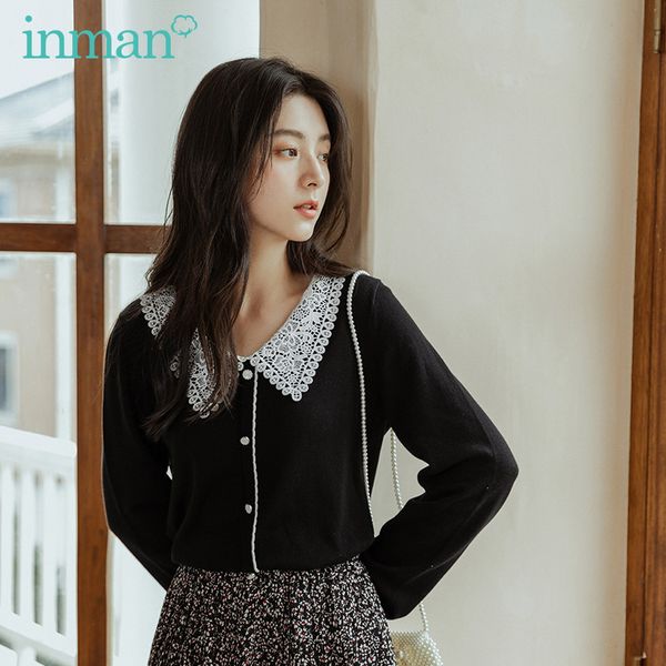 

inman 2020 autumn new arrival retro style hollow out flower lapel sleeve cuffs pullover sweater c1120, White;black