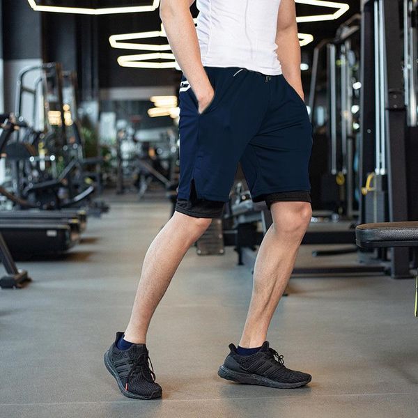 

running shorts 2021ni1 men fitness gym training sports quick dry workout sport jogging double deck summer short, Black;blue