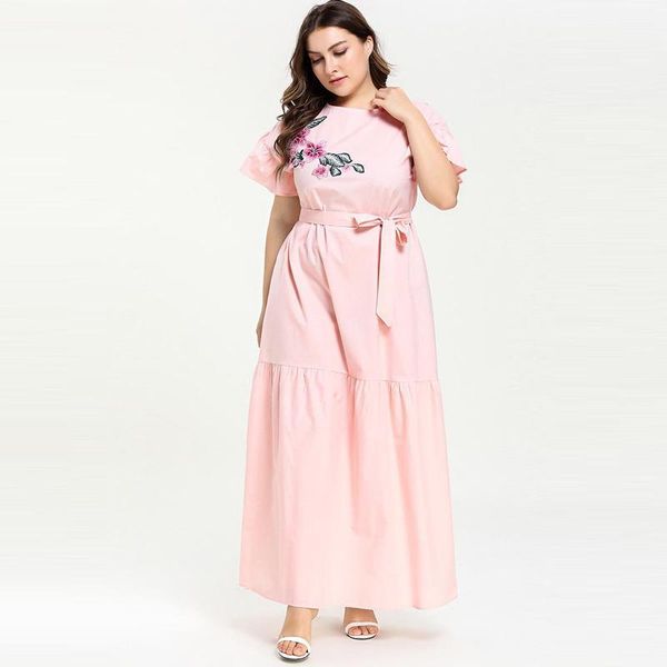 

summer women pink embroidery abaya muslim dress plus size caftan marocain long dresses short sleeve with belt vestidos - 4xl1, Red