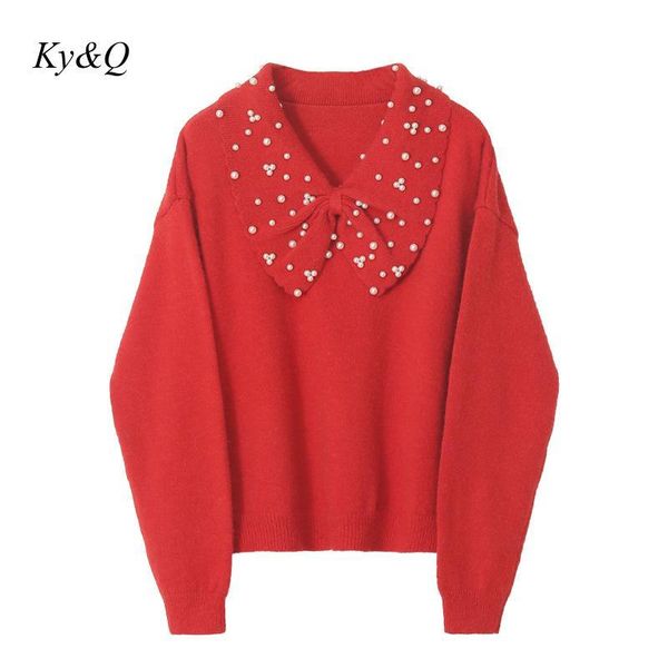 

autumn winter new christmas red sweater beaded fashion elegant comfortable knitted women lapel long sleeve pullover, White;black