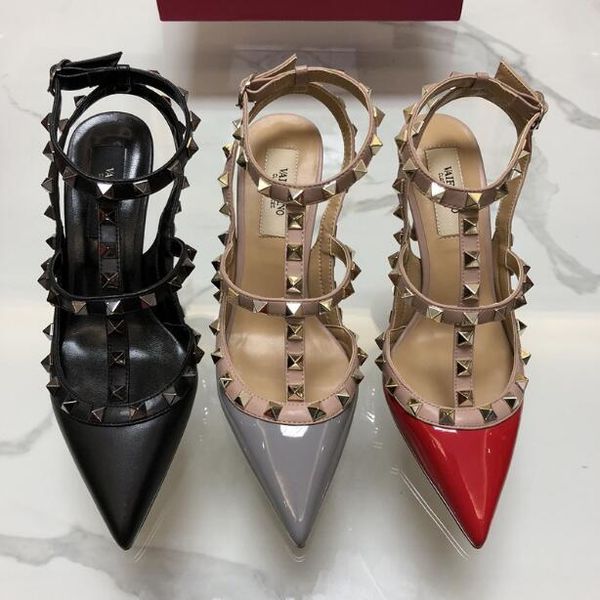 

2020-v rivet brand high leather sandals pointed to toe stiletto mid-heel strap wedding shoes 34-43 bag of dust 236z, Black