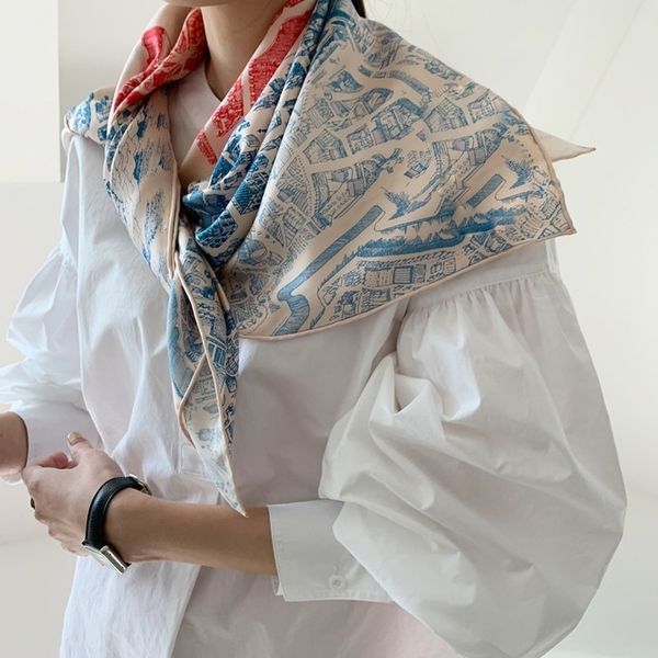 

luna&dolphin women silk big square scarf 90*90 city of horses cinnamon twill reall silk scarves hand knock shawl pashmina wrap y201024, Blue;gray