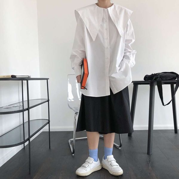 

new dign in spring navy collar silhouette loose thin, versatile and tender long sleeve shirt for women, White