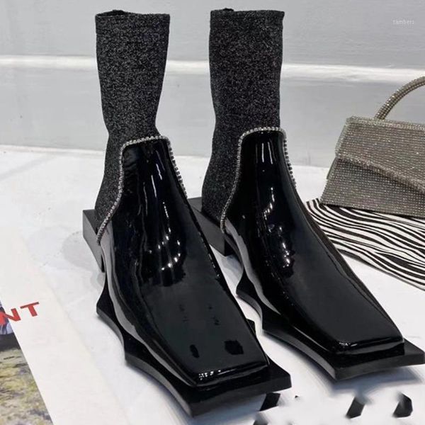

deat 2021 new spring summer fashion casual square head thick heel low heel patent leather trend elastic boots women's sh3031, Black