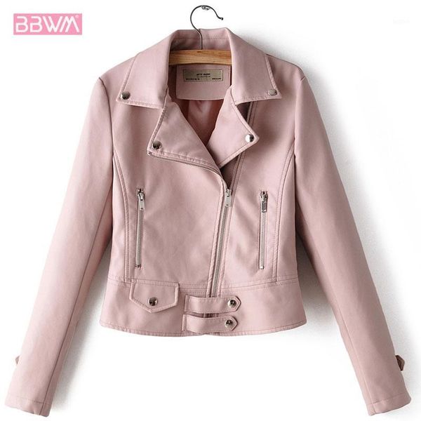

pink pu long sleeve lapel zipper motorcycle women's jacket 2019 winter new korean slim female jacket black red high street1, Black;brown