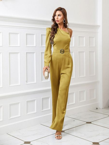 

satin asymmetrical neck gigot sleeve jumpsuit 76f4#, White