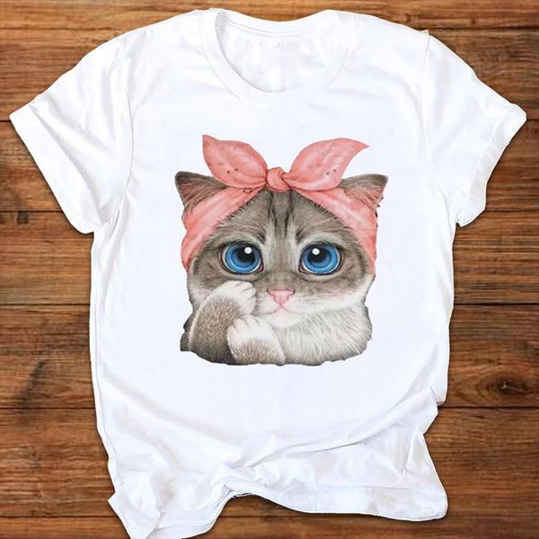 

women graphic cat make up cartoon animal 90s summer fall printing print clothes lady tees female t shirt womens t shirt, White