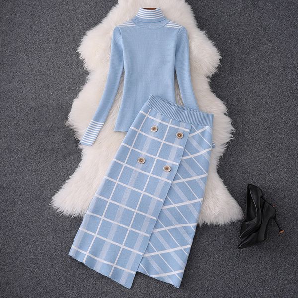 

2021 new pista de designer feminino camisola 2 ps definir outono inverno alta pescoo malha superior xadrez saia terno conjunto ruov, Gray