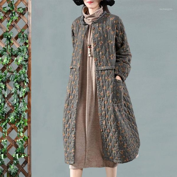 

new arts style loose casual cotton linen winter long coat women vintage print single breasted cotton parkas a731, Black