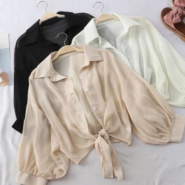 

chiffon sunscreen shirts women's 2021 summer short ice silk shirts wild ultra-thin breathable small chiffon shawl shirt jacket1, White