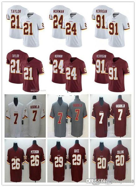 

men women washington redskin 91 kerrigan 21 sean taylor 7 dwayne haskins jr 24 josh norman landon collins nfl football jersey, Black;red