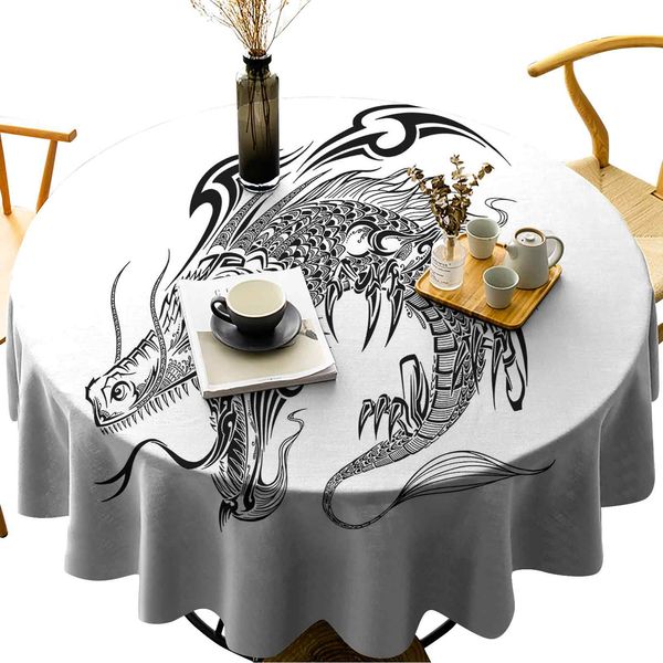 

waterproof round tablecloths monochrome doodle sketch art roaring dangerous monster fantasy mythology