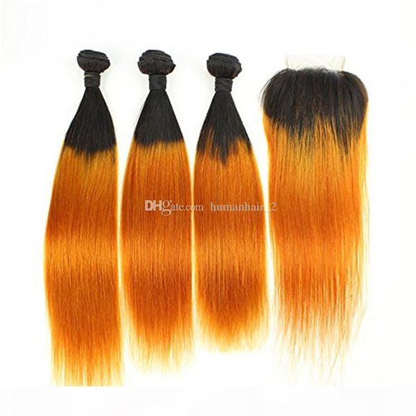 

silk straight yellow hair weaves with lace closure ombre brazilian virgin hair 3 bundles with lace closure 4pcs lot, Black;brown
