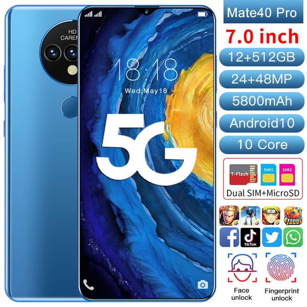 

mate40 pro 7 inch hd full display android smartphones 12gb+512gb 10-core 5g let cellphones mtk6889 dual sim mobile phone