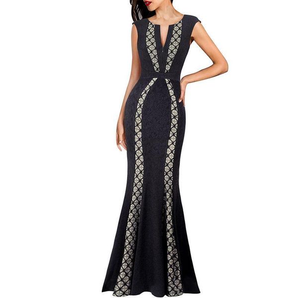 

womens elegant dobby fabric lace inset zipper colorblock contrast formal evening prom party mermaid maxi long dress 265, Black;gray