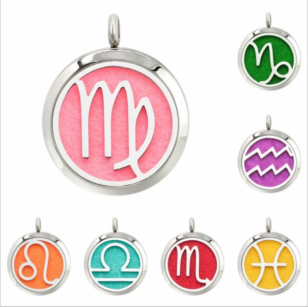 

factory wholesale 12 constellation zodiac sign star symbol 316l stainless steel hollow perfume essential oil aroma diffuser necklace, Silver