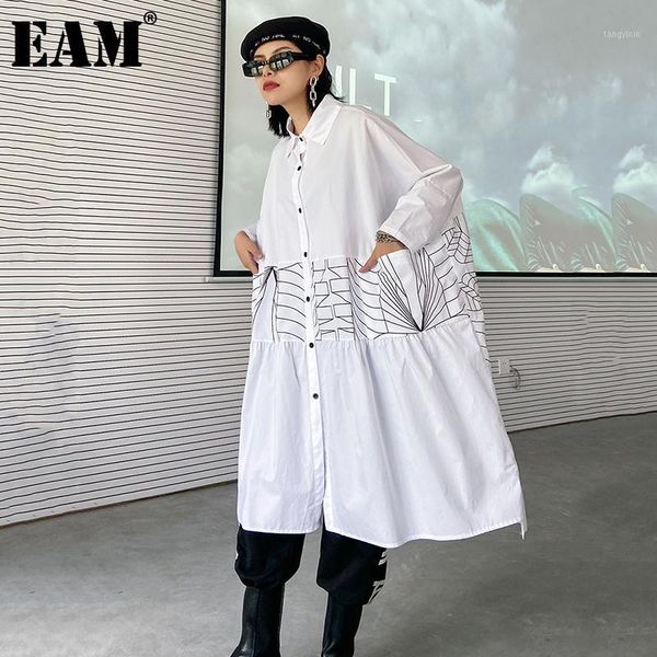 

eam] women white pattern printed big size blouse new lapel long sleeve loose fit shirt fashion tide spring autumn 2020 1da2581