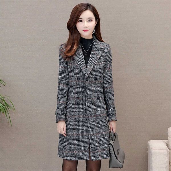 

fashion warm woolen blends female elegant double breasted woolen coat women plaid long outerwear winter new clothing 201216, Black