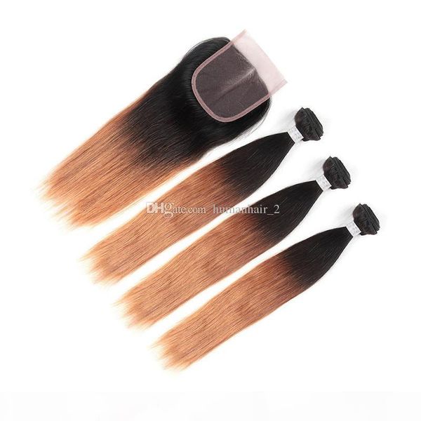 

human hair weaves with lace closure silky straight human hair weaves with lace frontal closure 4pcs lot two tone honey blonde hair bundles, Black;brown