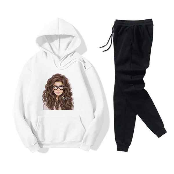 

women's tracksuits 2pcs sets women tractsuits autumn spring printed long sleeve hooded tunic elastic waist full pant casual fitness two, Gray