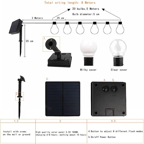 

8m 20 leds solar lamps string fairy light solar light festoon globe ball string light garland garden party decor waterproof swy wmtulm