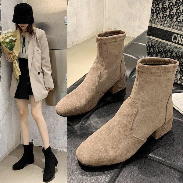 

boots short women's autumn and winte temperament thick mid-heel thin leather with versatile personality, Black