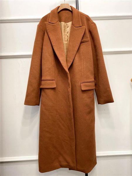 

women woolen winter mid-length coat lady turn-down collar long jacket office wear outwear with pockets1, Black