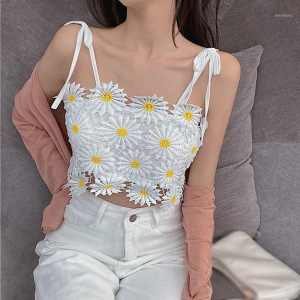 

female tank 2020 summer women slim flower lace short section spaghetti strap beach wear vest1, Black;white