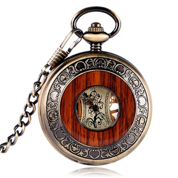 

luxury wood circle mechanical pocket watch new arrival transparent skeleton dial hand-winding watch with chain gifts necklace t200502, Slivery;golden