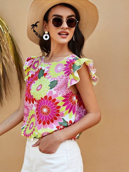 

ruffle armhole floral print a1yp#, White