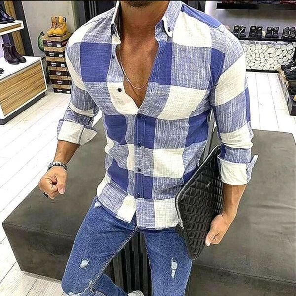 

men's casual shirts n plaid check cotton linen shirt blouse blue male button down classic, White;black
