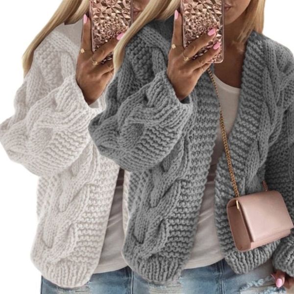 

women autumn sweater casual long sleeve open front caridgan braided chunky knit short outwear women's clothes 201202, White;black