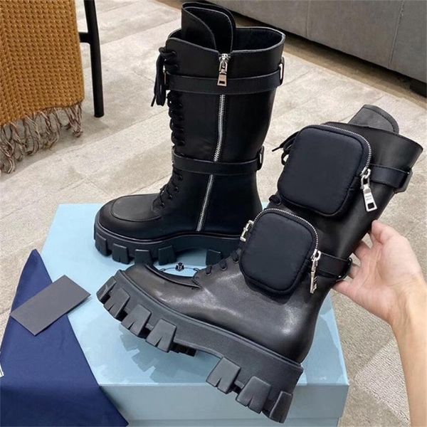 

boots woman black strap western motorcycle boots with pockets mid calf gothic punk chunky platform shoes goth for women
