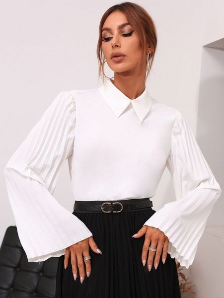 

pleated trumpet sleeve keyhole back blouse i16i#, White